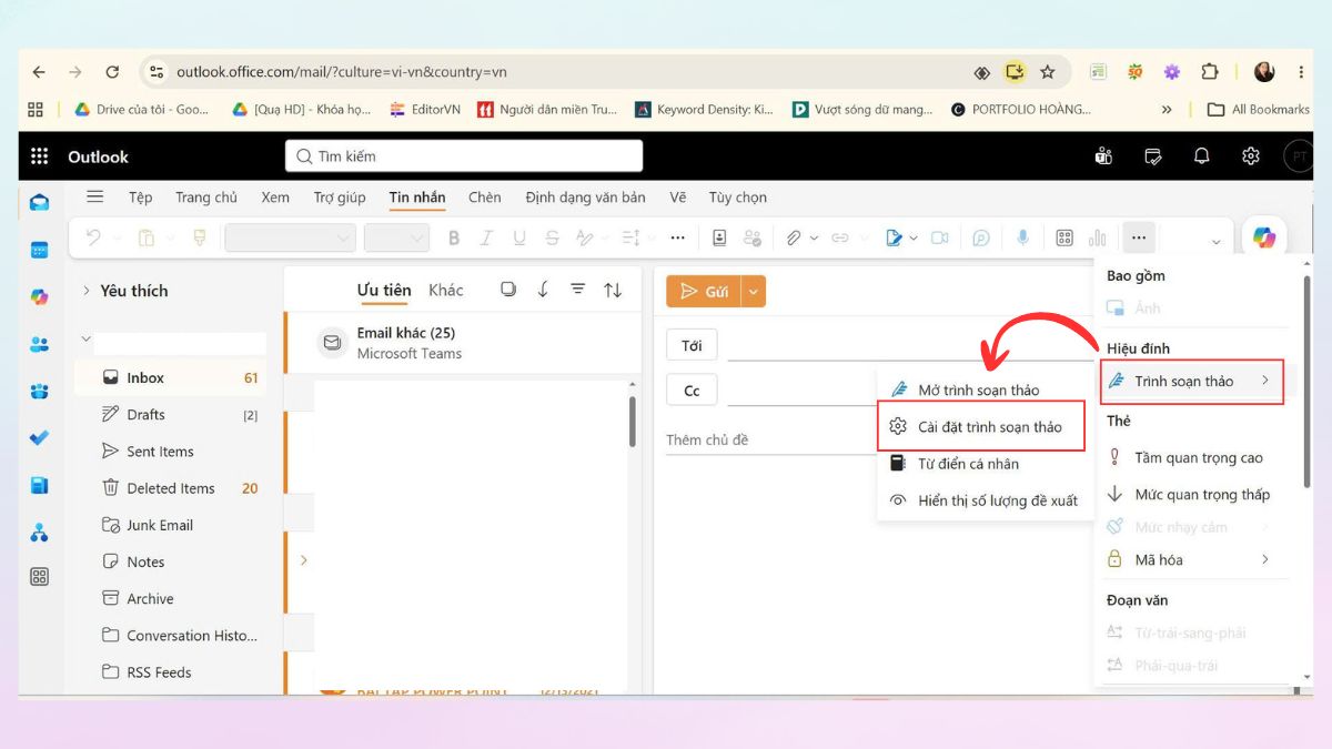 Cách tắt kiểm tra chính tả trong Outlook web - bước 2