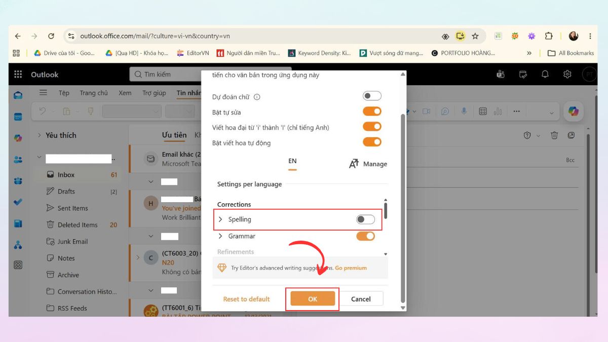 Cách tắt kiểm tra chính tả trong Outlook web - bước 3