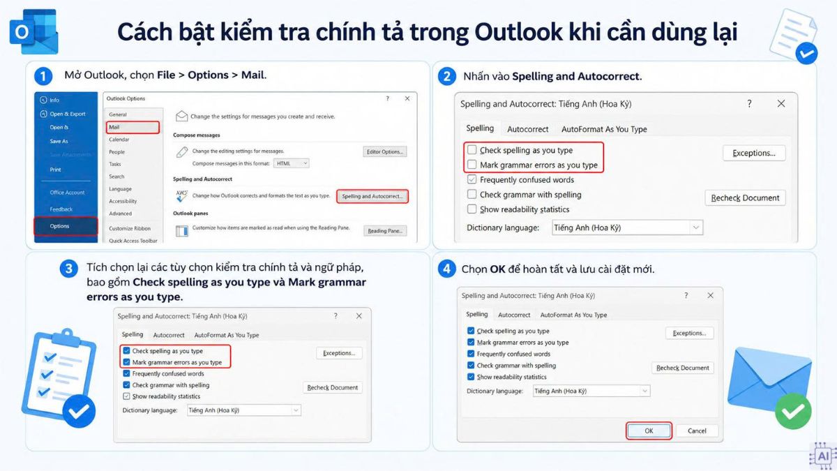 Cách bật kiểm tra chính tả trong Outlook khi cần dùng lại