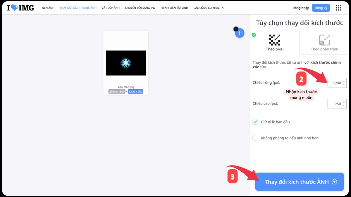 cách thay đổi kích thước ảnh trên iLoveÌMG - bước 2