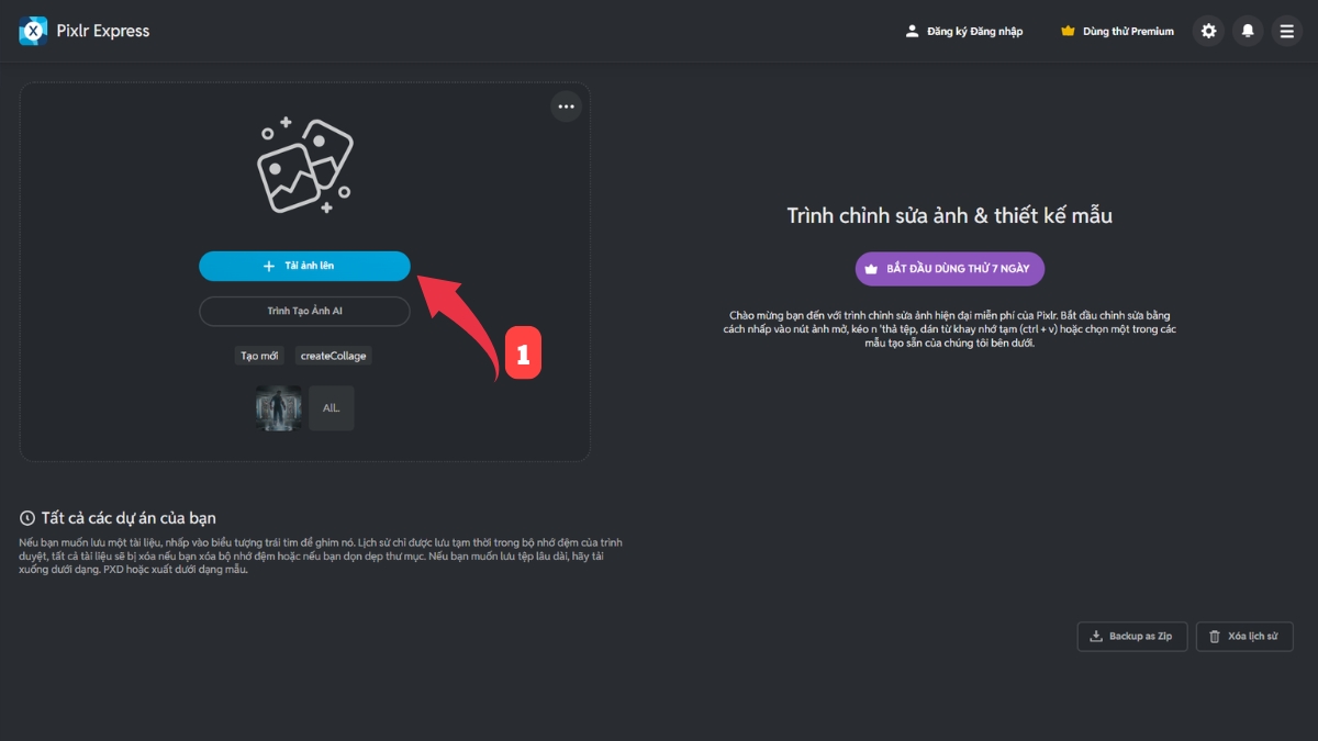 cách thay đổi kích thước ảnh trên pixlr X - bước 1