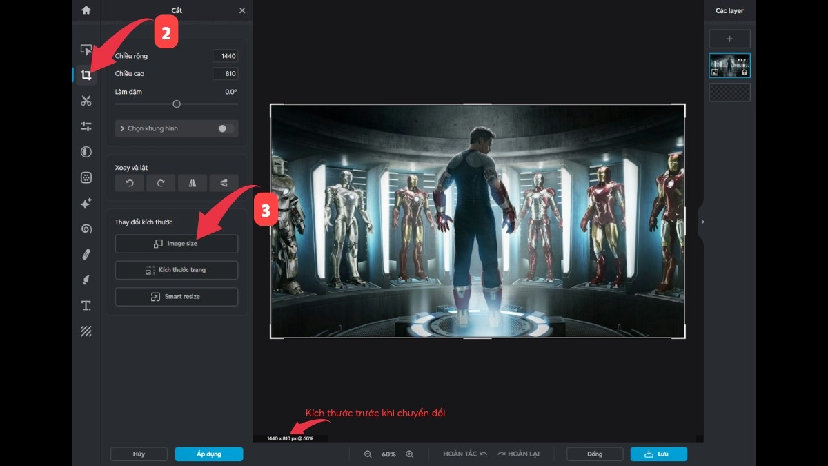 cách thay đổi kích thước ảnh trên pixlr X - bước 2