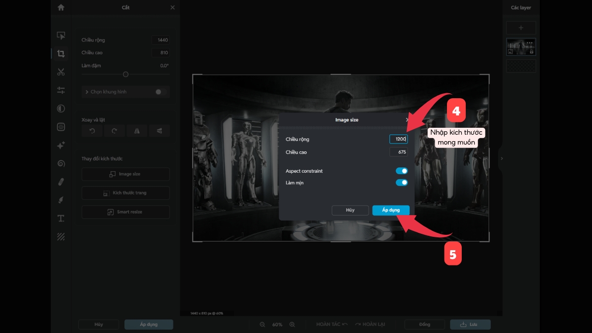 cách thay đổi kích thước ảnh trên pixlr X - bước 3