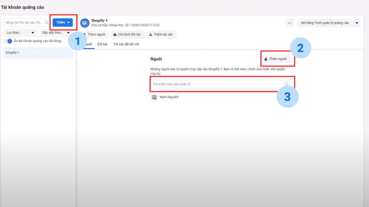 Thêm tài khoản quảng cáo facebook hiện có (chuyển sở hữu vào BM)