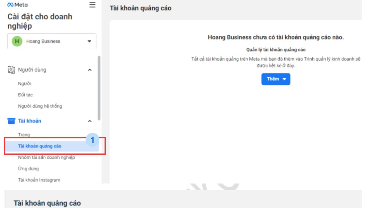 thêm tài khoản quảng cáo facebook với yêu cầu quyền truy cập vào tài khoản của đối tác/khách hàng - bước 1