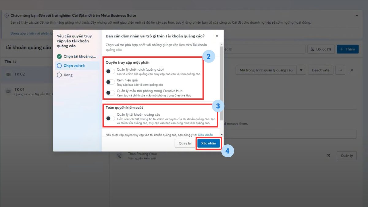 thêm tài khoản quảng cáo facebook với yêu cầu quyền truy cập vào tài khoản của đối tác/khách hàng - bước 2