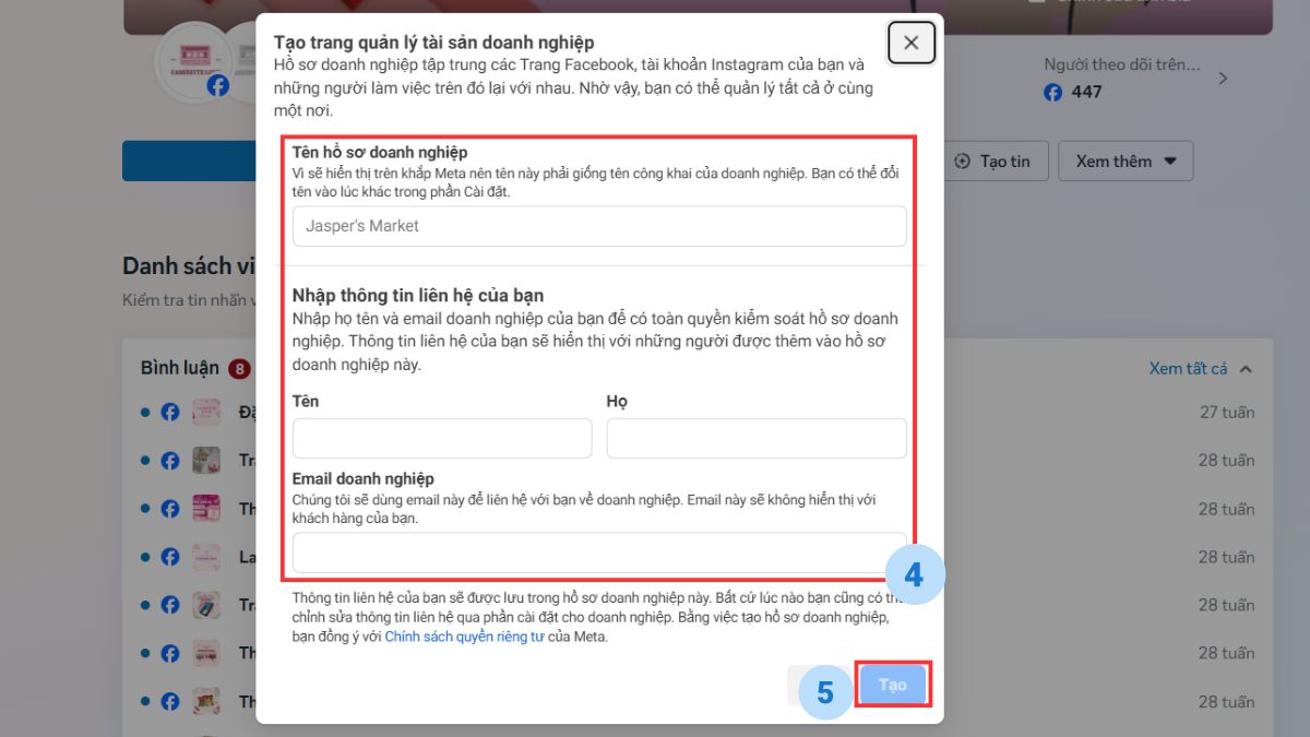 Thêm tài khoản quảng cáo facebook mới trong BM - bước 3
