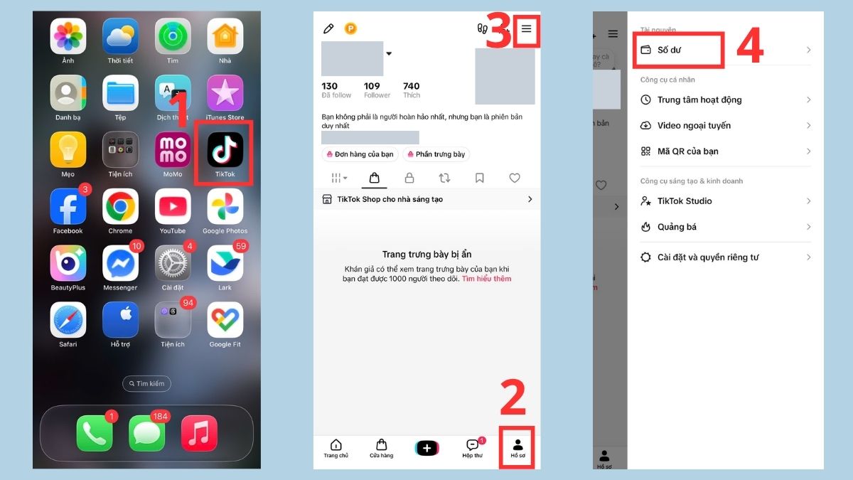 Cách rút tiền donate TikTok về ngân hàng Việt Nam - bước 1,2,3