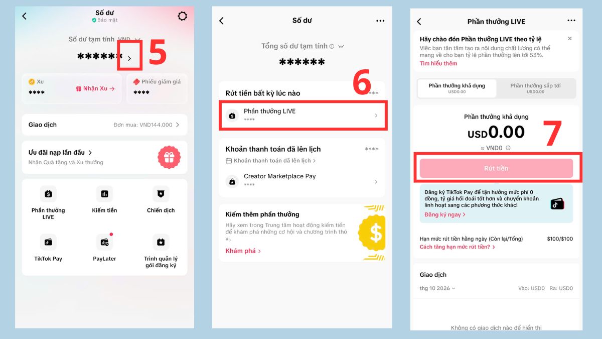 Cách rút tiền donate TikTok về ngân hàng Việt Nam - bước 4,5