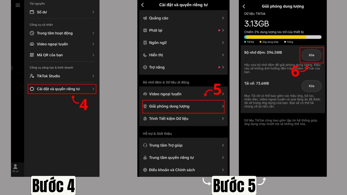 Hướng dẫn cách khắc phục TikTok bị lỗi âm thanh - xóa cache tiktok - bước 4,5