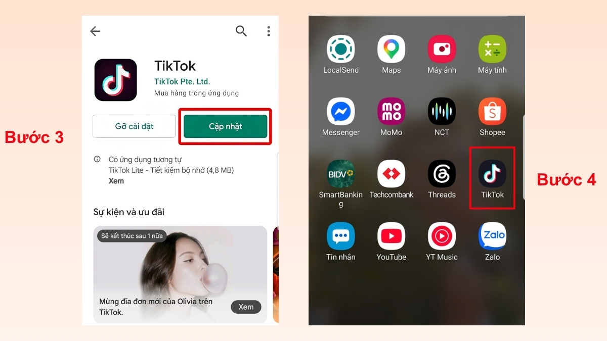 Cách khắc phục lỗi TikTok không đăng nhập được - cập nhật tiktok lên phiên bản mới - bước 3,4
