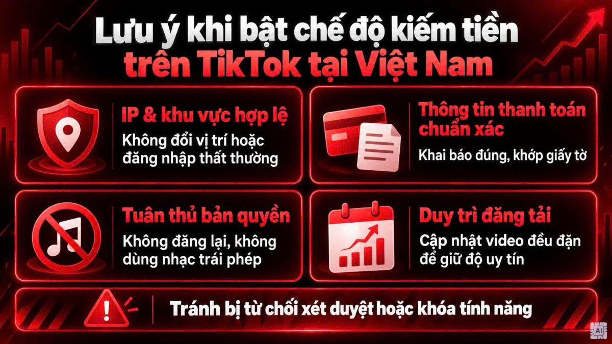 Lưu ý khi bật chế độ kiếm tiền trên TikTok tại Việt Nam