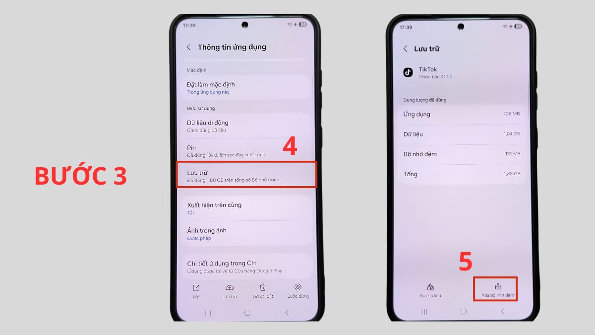 Xóa cache và dữ liệu ứng dụng TikTok trên hệ điều hành Android để khôi phục internet - bước 3,4