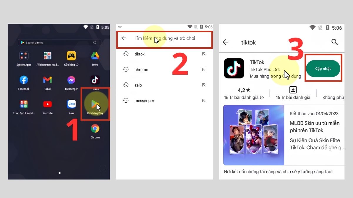 Cách sửa lỗi TikTok không có kết nối internet - cập nhật hoặc cài đặt lại phiên bản mới Android - bước 1,2,3