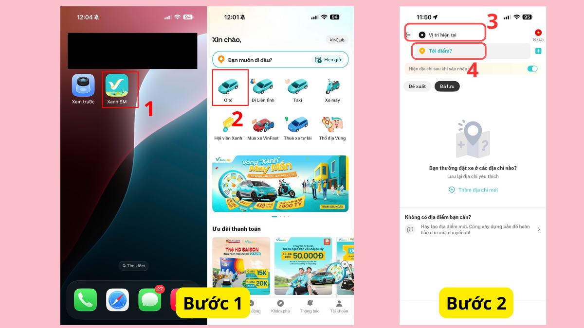 Đặt qua ứng dụng Xanh SM - bước 1,2