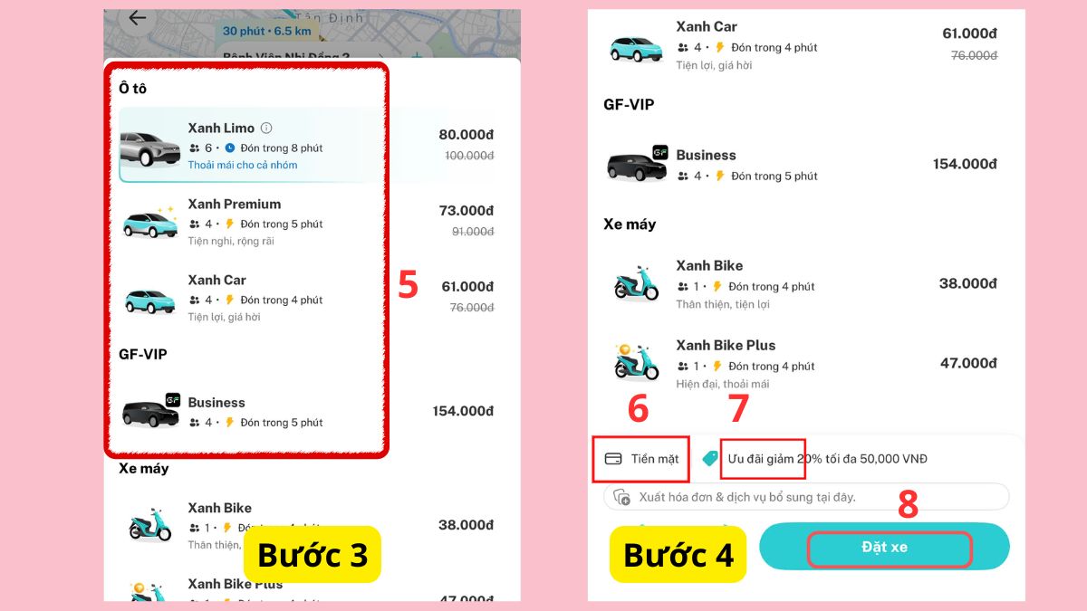 Đặt qua ứng dụng Xanh SM - bước 3,4