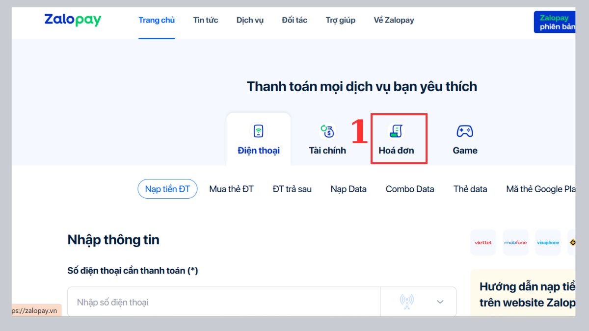 Cách tra cứu tiền điện trên website ZaloPay - bước 1