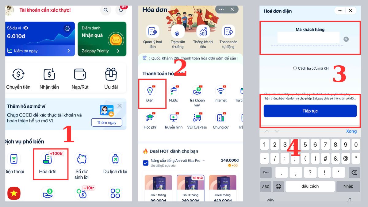 Hướng dẫn cách thanh toán tiền điện trên ZaloPay - bước 1,2,3