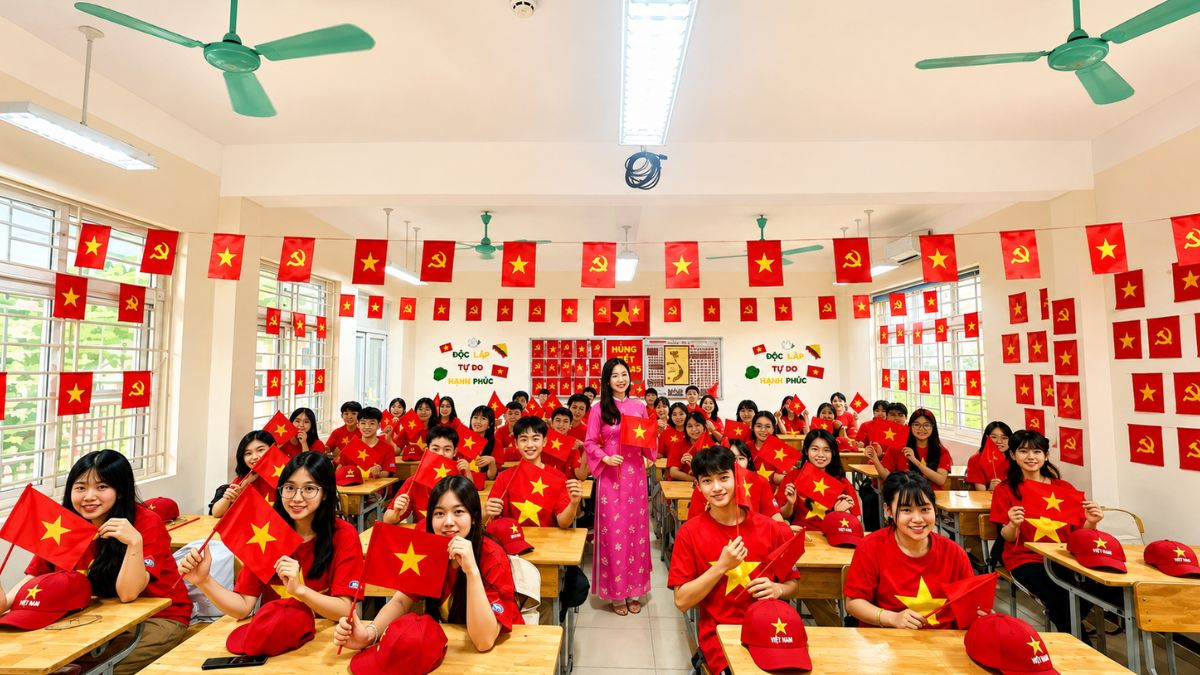 trang trí lớp học chủ đề 2/9 với trần lớp bằng dây cờ 