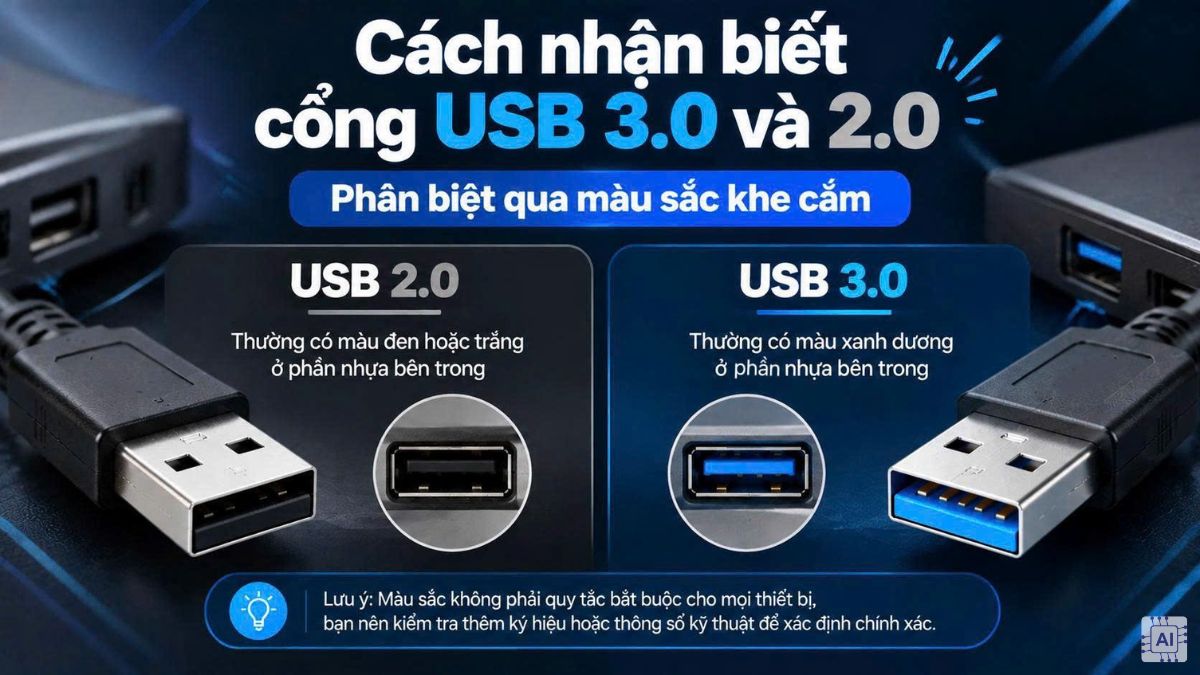 Cách nhận biết cổng USB 3.0 và 2.0 - phân biệt qua màu sắc khe cắm
