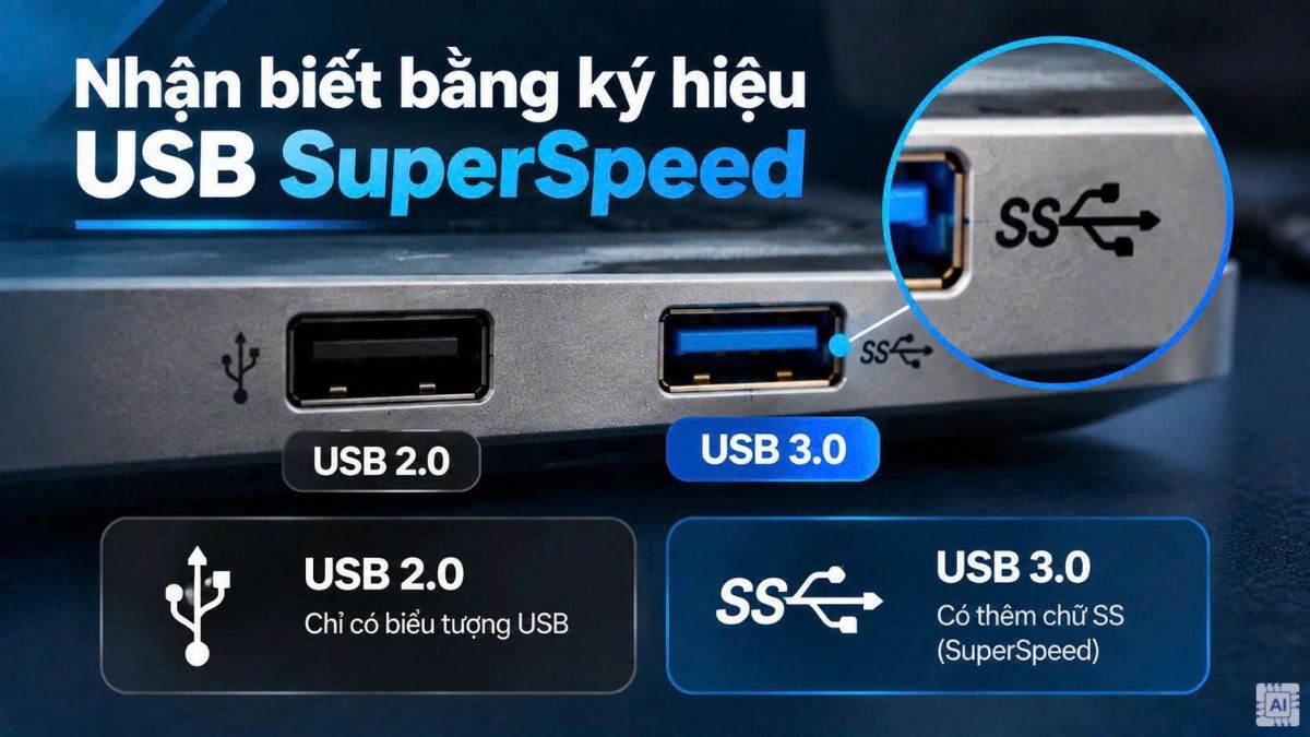 Cách nhận biết cổng USB 3.0 và 2.0 Nhận biết bằng ký hiệu USB SuperSpeed