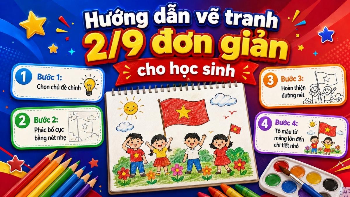 Hướng dẫn vẽ tranh 2/9 đơn giản cho học sinh