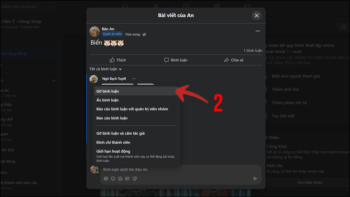 Xóa comment trên nhóm Facebook - bước 2