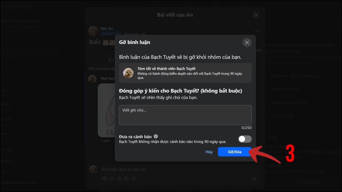 Xóa comment trên nhóm Facebook - bước 3