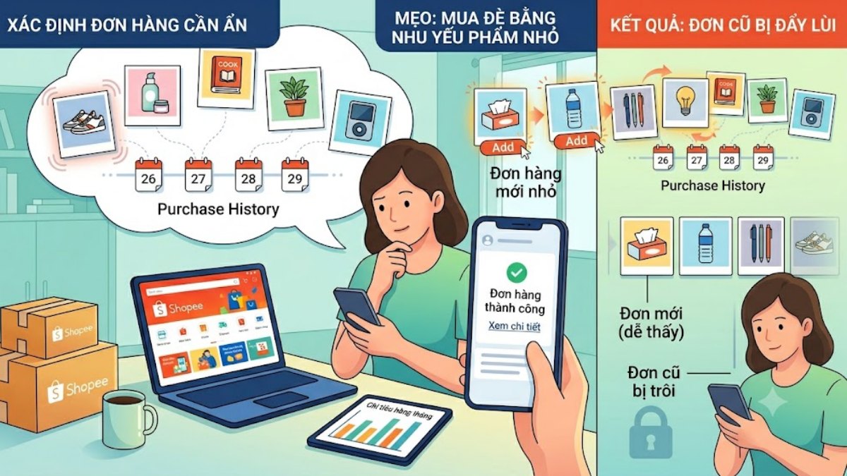 Cách xóa lịch sử mua hàng Shopee bằng cách mua đè đơn hàng