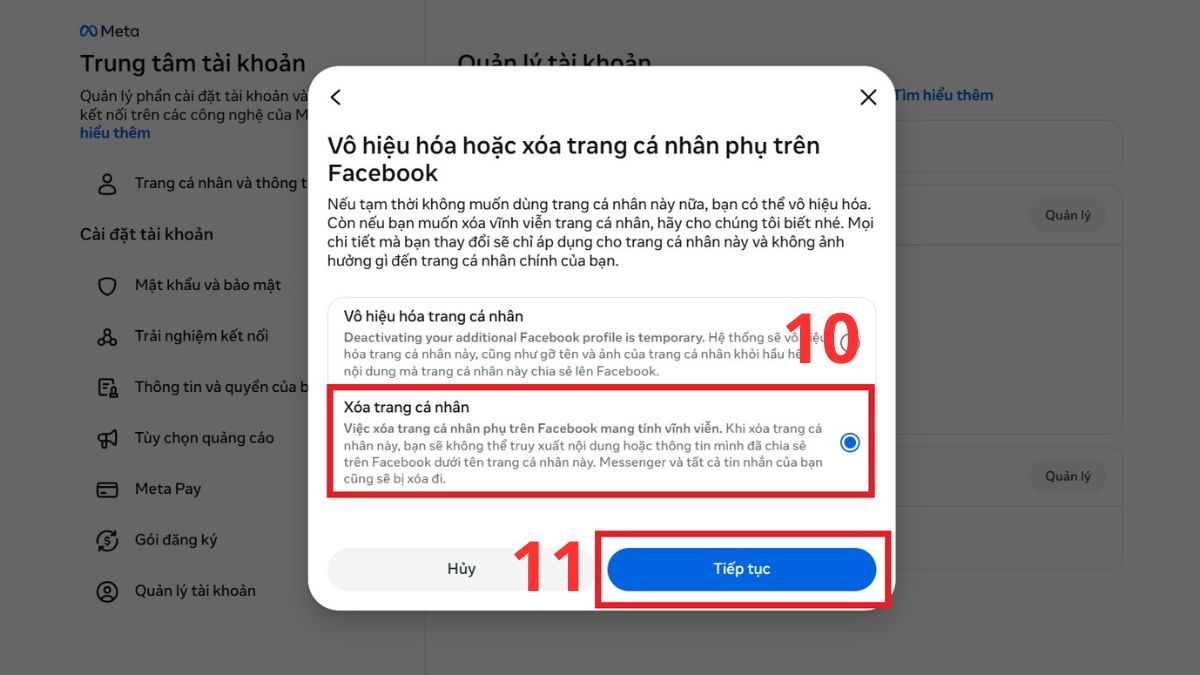 Cách xóa trang cá nhân phụ trên Facebook trên máy tính - bước 3.2