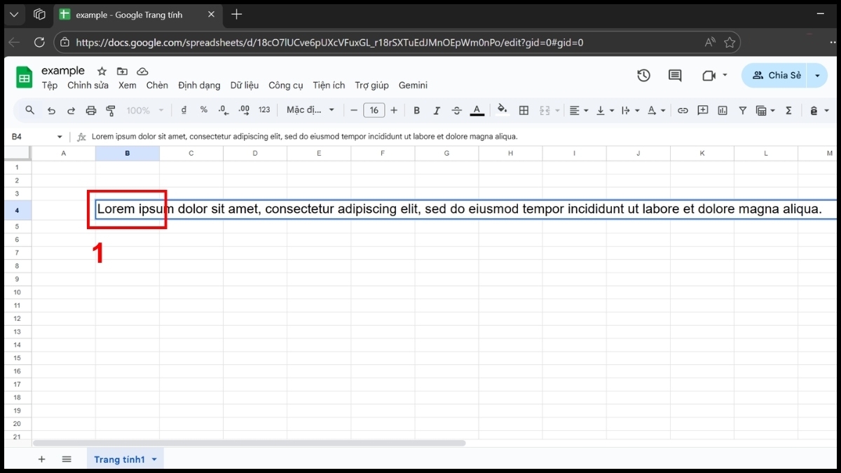 Cách xuống dòng trong Google Sheet thủ công - bước 1