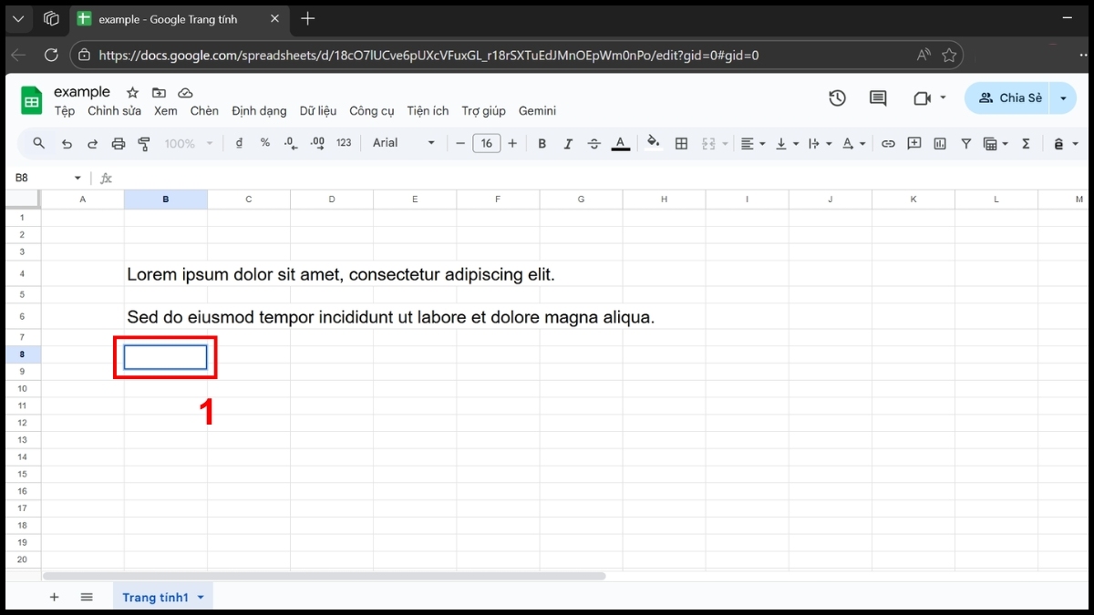 Cách xuống dòng trong Google Sheet băng hàm - bước 1