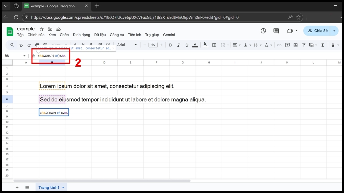 Cách xuống dòng trong Google Sheet băng hàm - bước 2