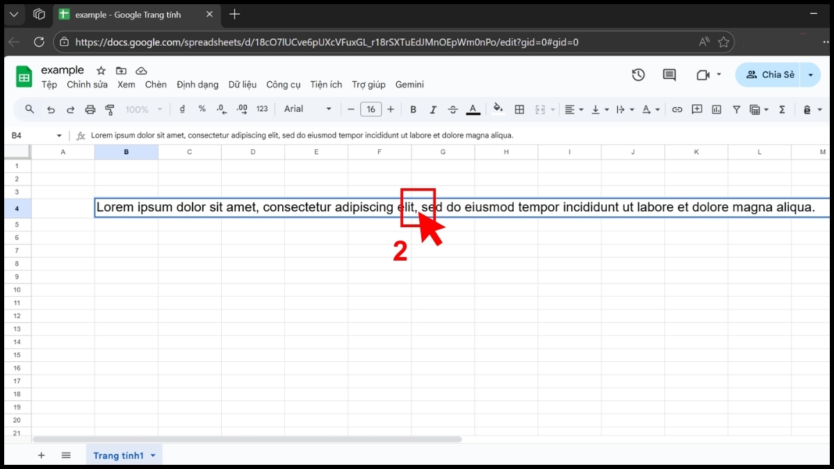 Cách xuống dòng trong Google Sheet thủ công - bước 2