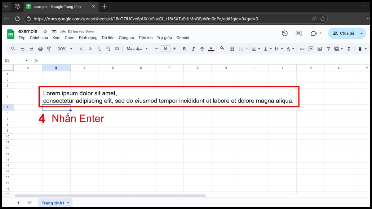 Cách xuống dòng trong Google Sheet thủ công - bước 4