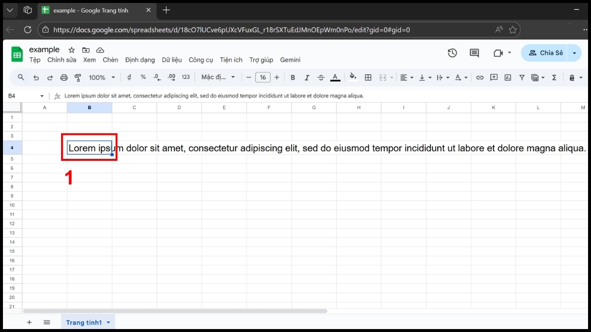 Cách xuống dòng trong Google Sheet text wrapping - bước 1