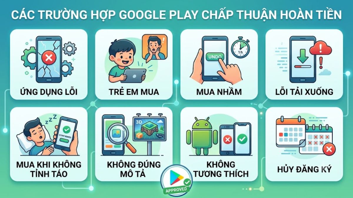 Trường hợp thường được Google Play chấp thuận hoàn tiền