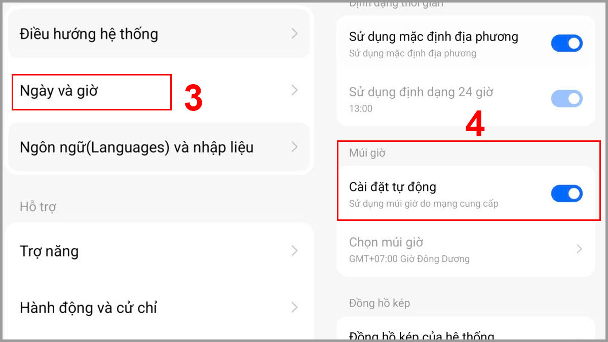 lỗi zalo không kết nối được internet sửa bằng Đặt lại ngày, giờ  bước 2,3