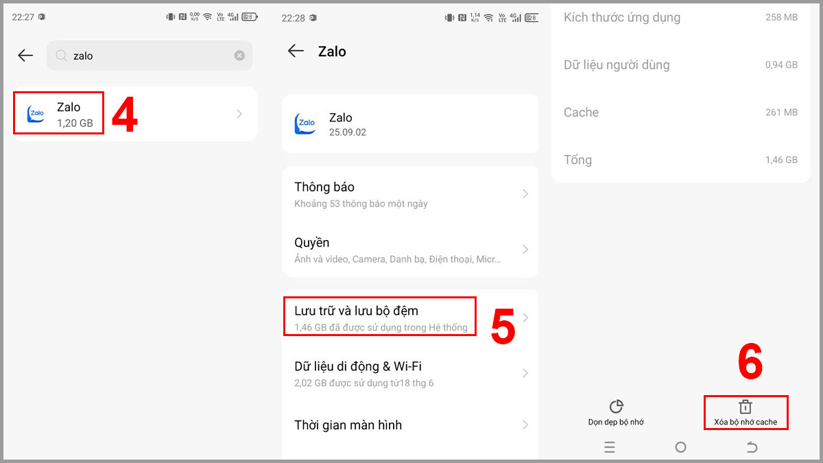 Xóa cache, dữ liệu ứng dụng khi Zalo lỗi kết nối - bước 2,3