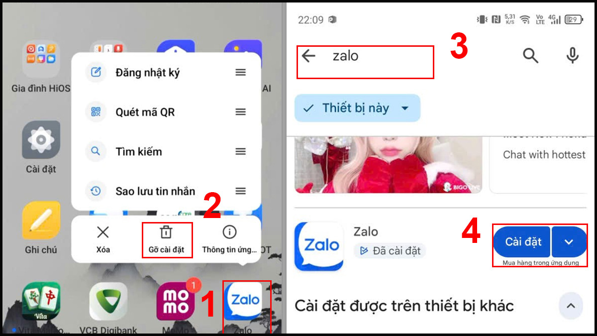 zalo không kết nối được 4g sửa bằng cách Gỡ và cài đặt lại ứng dụng Zalo