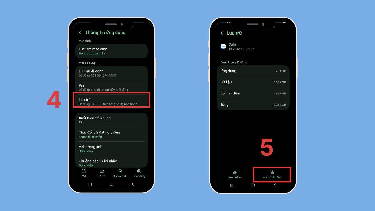 Hướng dẫn cách gỡ Zalo bị theo dõi xóa bộ nhớ cache - bước 2,3