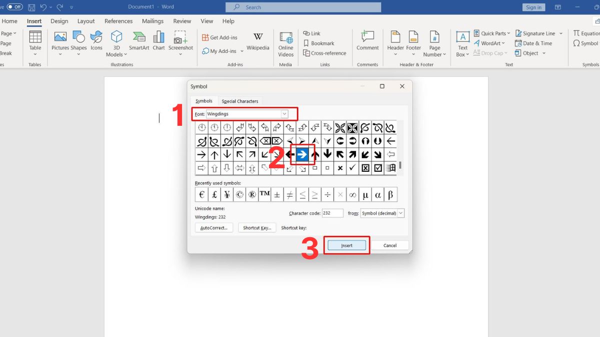 dấu mũi tên suy ra trong word, - Sử dụng ký tự đặc biệt của Symbol bước 2,3