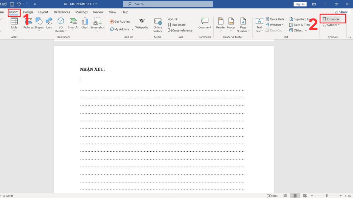 Sử dụng Equation để viết dấu suy ra trong word - bước 1