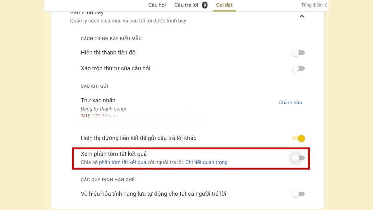 Tắt mục xem kết quả của Google Form