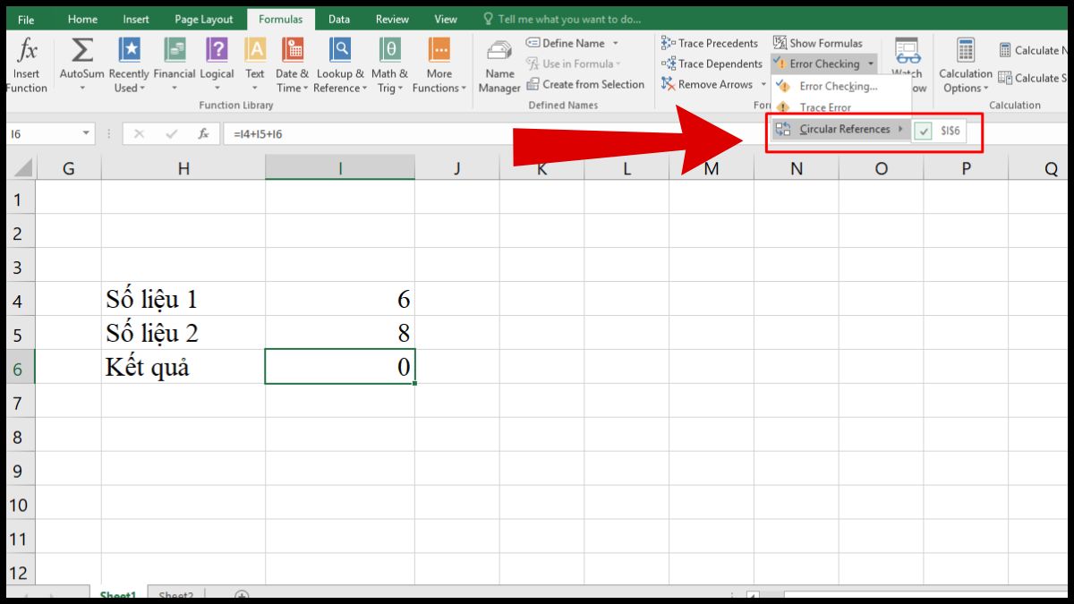 khắc phục lỗi excel không chạy công thức bị vòng lặp - bước 2