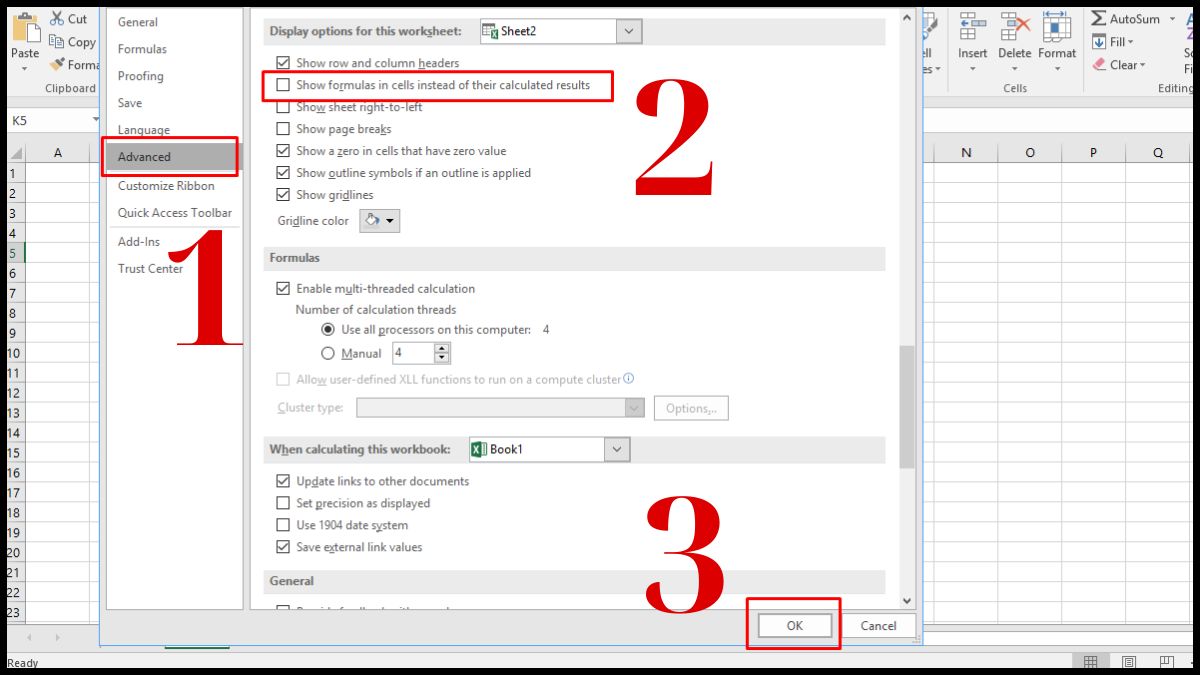 Bật hiển thị chế độ công thức trong Excel - bước 3