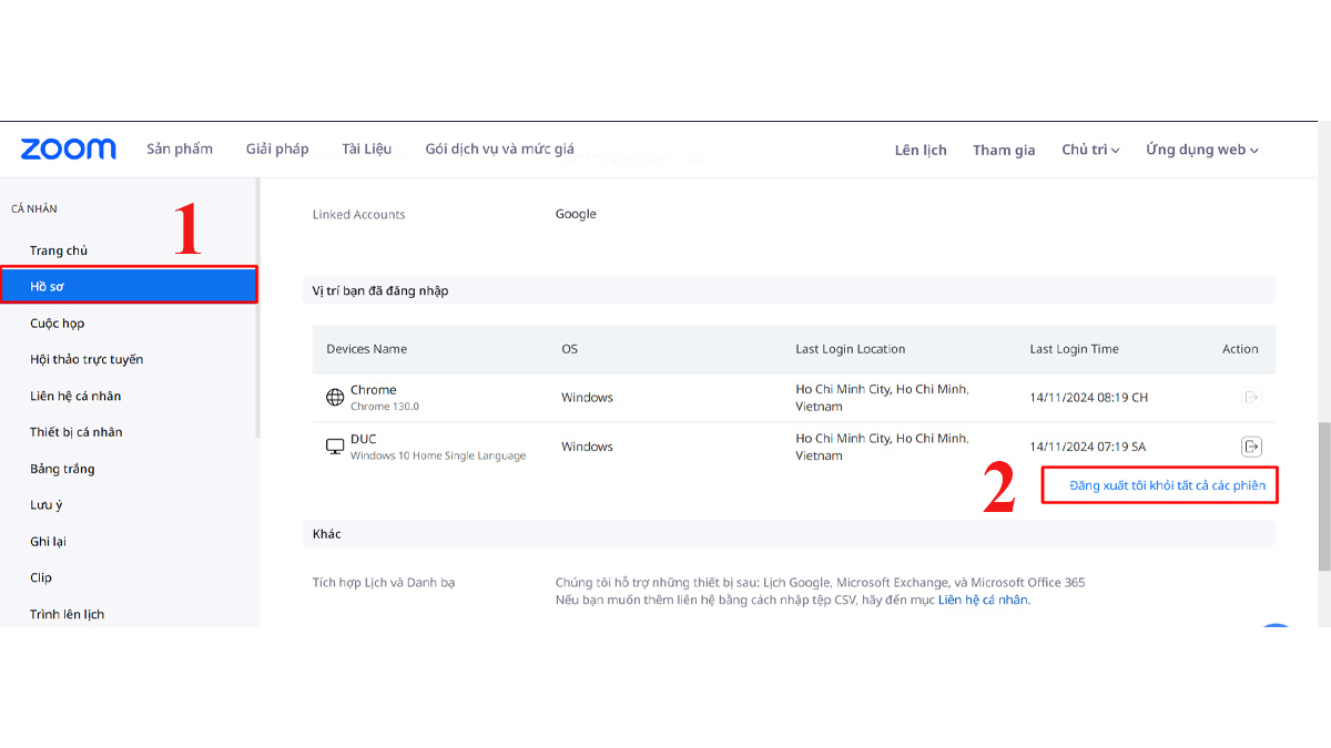 cách sửa lỗi invalid meeting id là Đăng xuất tất cả thiết bị khác - bước 2,3