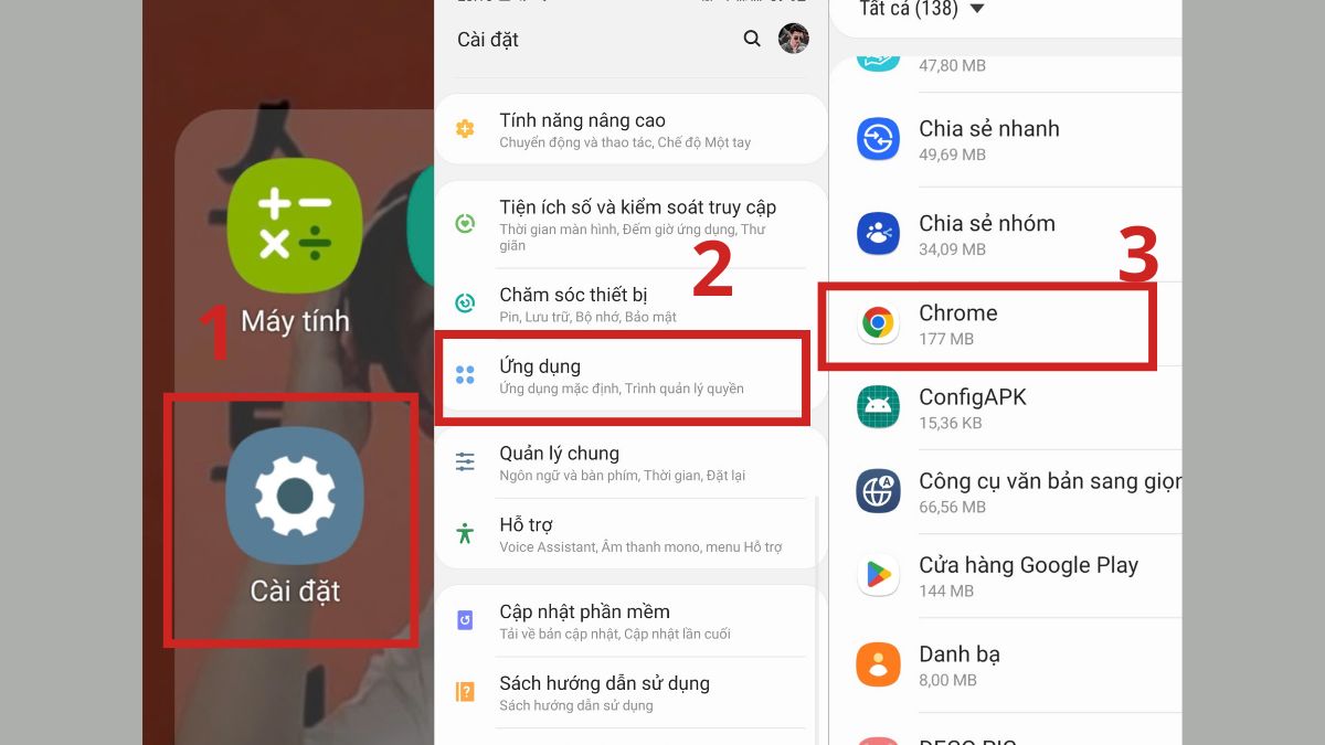 cách sửa lỗi err_connection_refused - Cài đặt lại trình duyệt Chrome bước 1,2 3