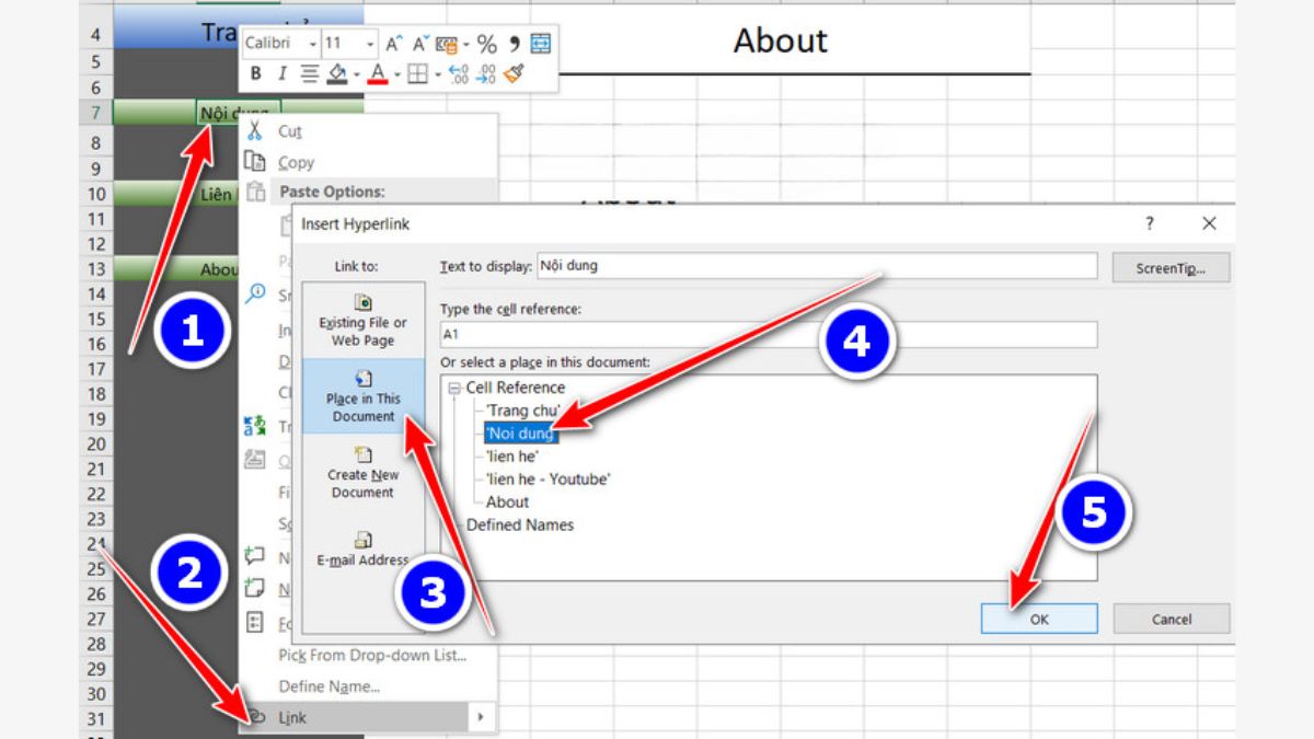 Tạo menu liên kết các sheet trong Excel bước 1
