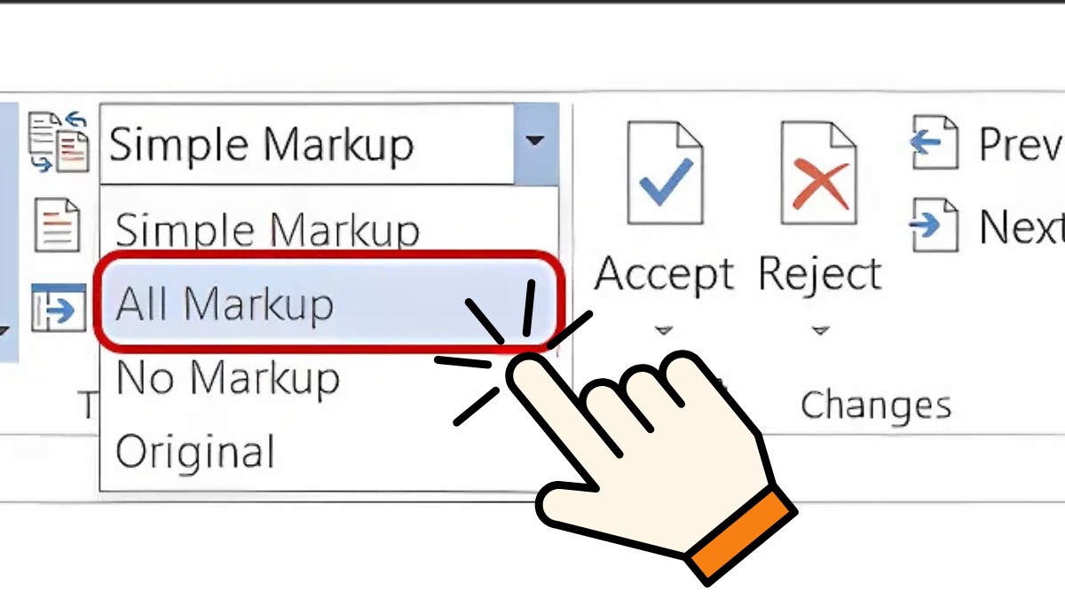 Chọn kiểu trình bày và các loại Markup được hiện ra trong track change trong word - bước 1